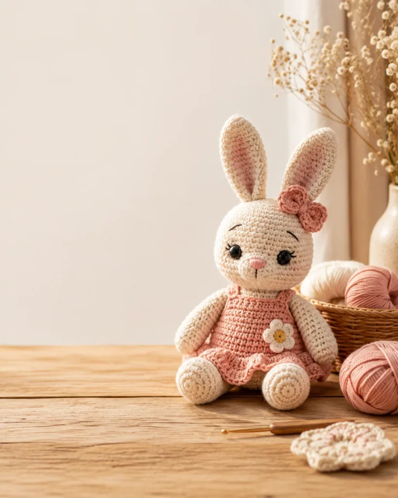 Cute handmade crochet bunny amigurumi in a pink dress with yarn and crochet hook