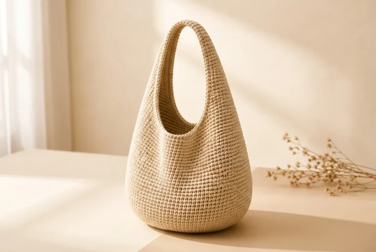 Ivory crochet shoulder bag with a rounded base and integrated curved handle
