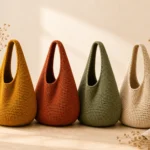 Teardrop crochet shoulder bag collection in mustard, rust, olive, and cream