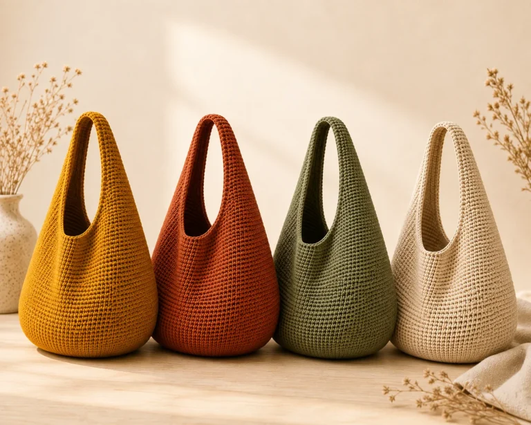 Teardrop crochet shoulder bag collection in mustard, rust, olive, and cream