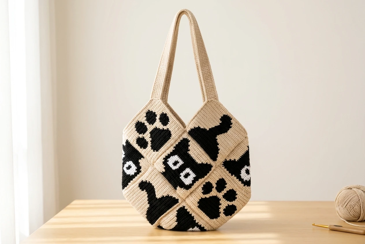 free crochet cat tote bag pattern with black cat paw print and tail mosaic squares