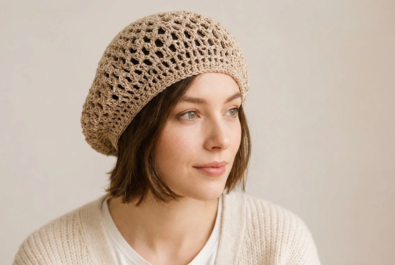 beige lace crochet beret pattern worn by an adult model
