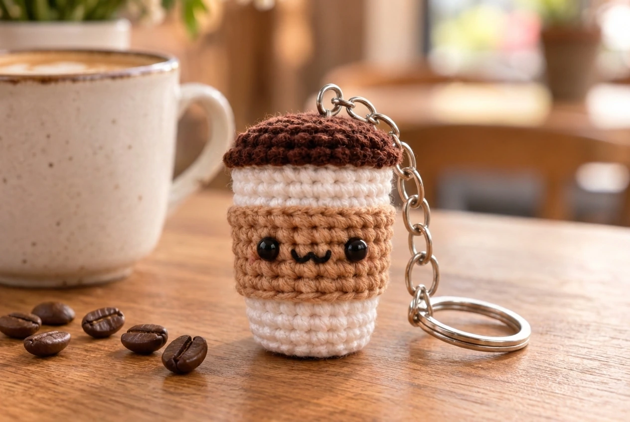 crochet coffee cup keychain pattern finished latte charm with brown lid