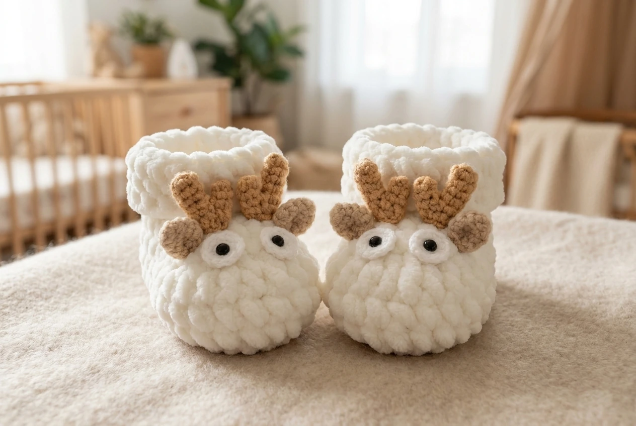 crochet deer baby booties pattern with white chenille antlers ears and embroidered eyes