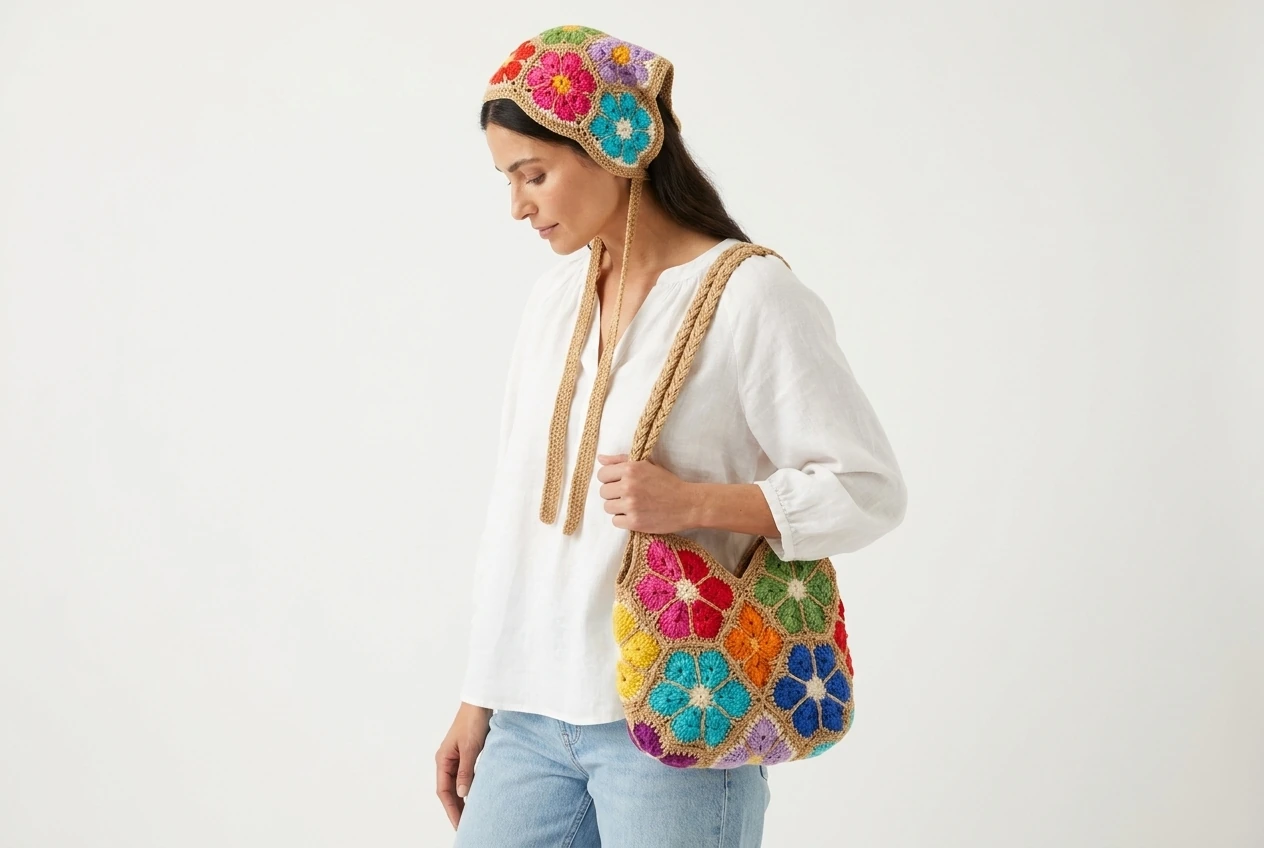 crochet flower bag and bandana outfit with white blouse and denim
