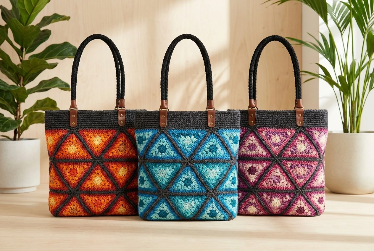 crochet triangle tote bag ideas in sunset ocean and berry palettes