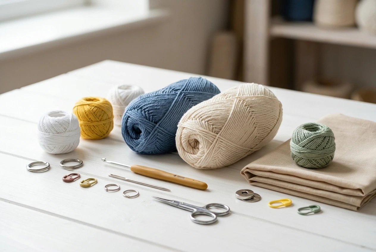 materials for hexagon tote bag pattern with blue and cream cotton yarn