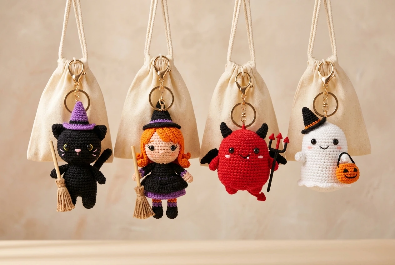 Halloween crochet keychain patterns group 1 with four unique designs
