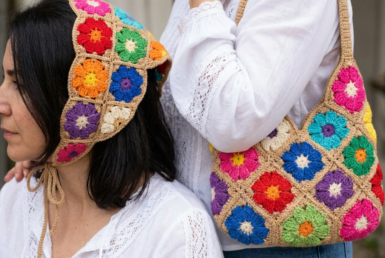 matching crochet flower bag and bandana with the same colorful motifs