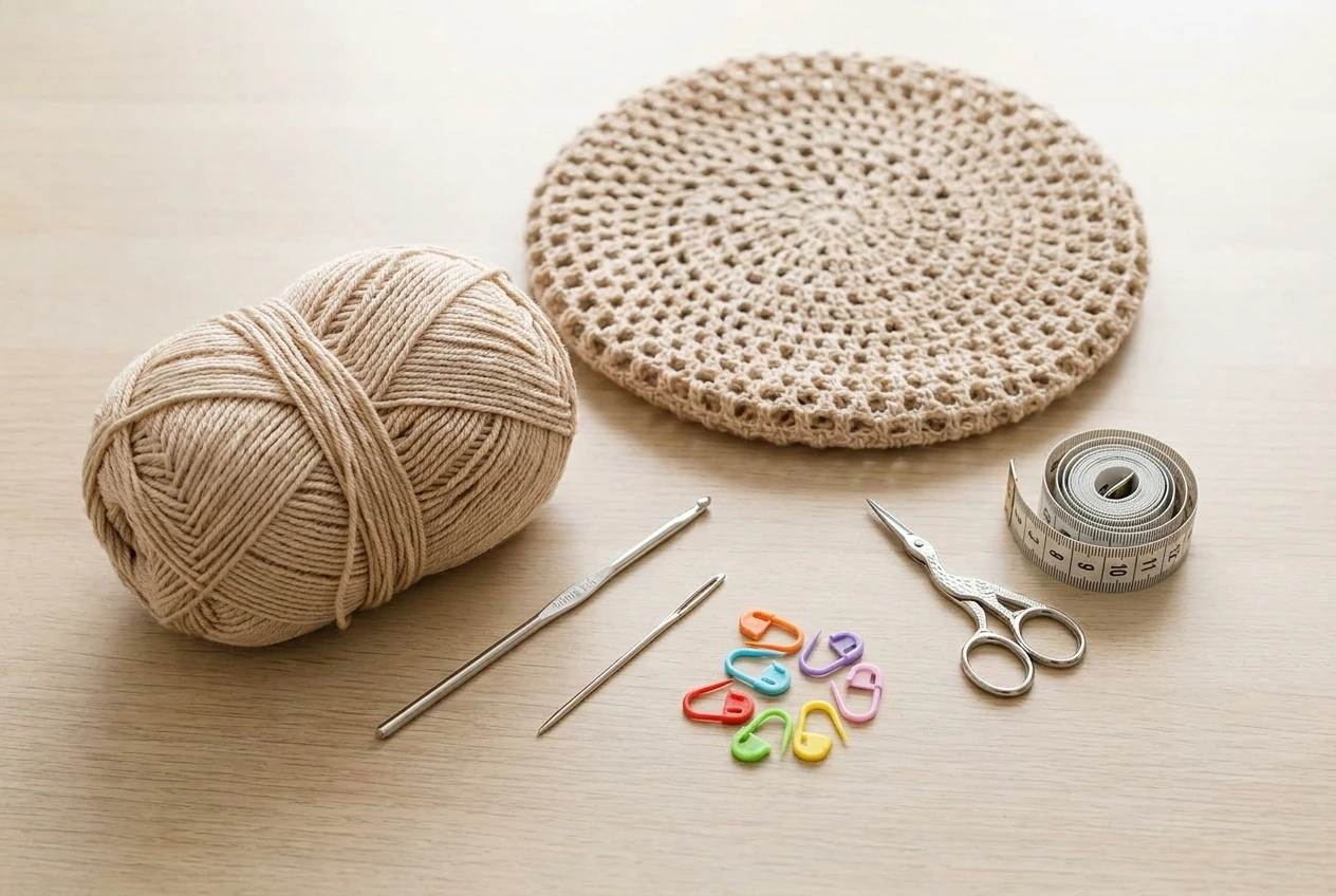 sport weight beige yarn 2.5 mm crochet hook stitch markers and notions