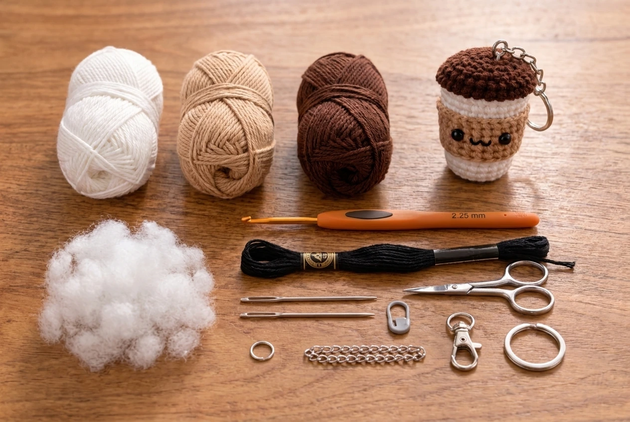 materials for a crochet coffee cup keychain pattern including yarn hook and silver findings