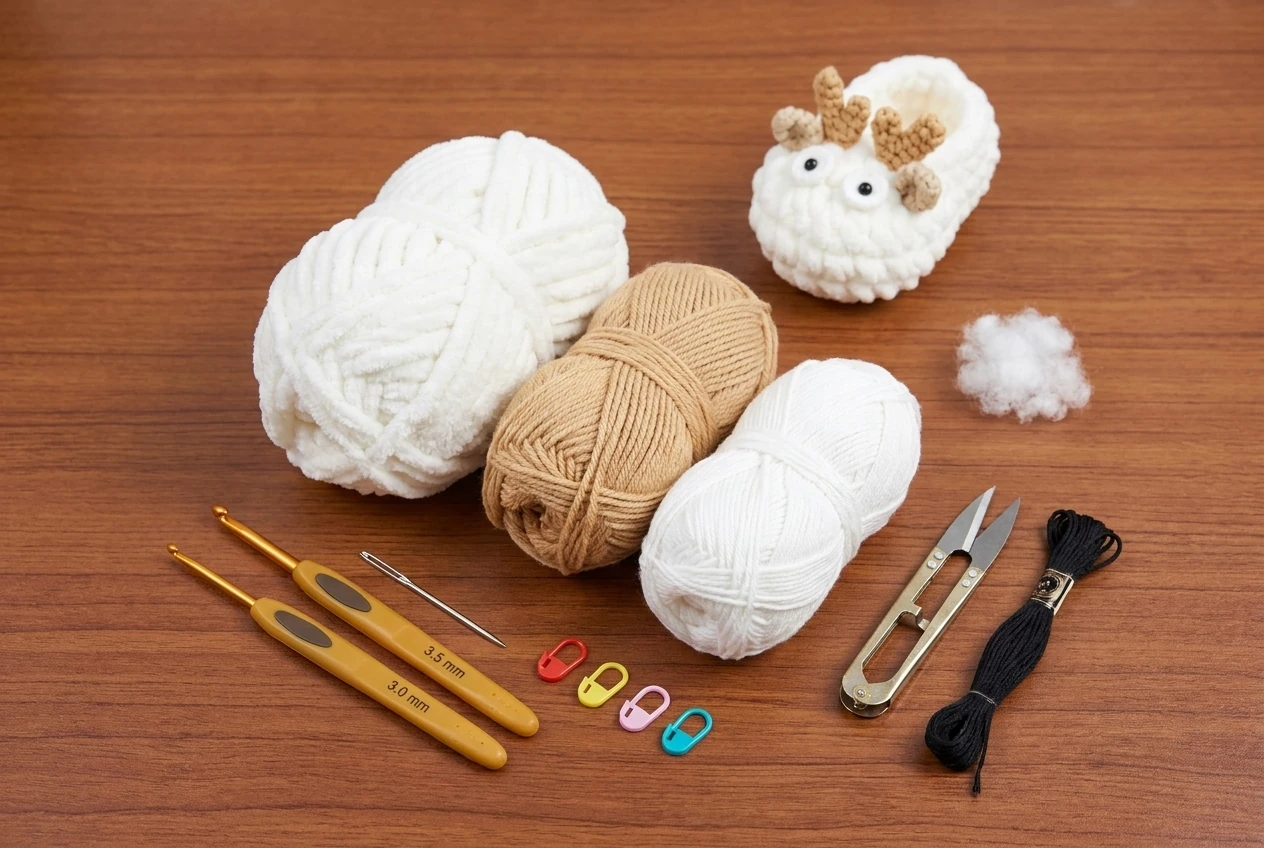 white chenille yarn tan beige yarn crochet hooks and notions for deer baby booties