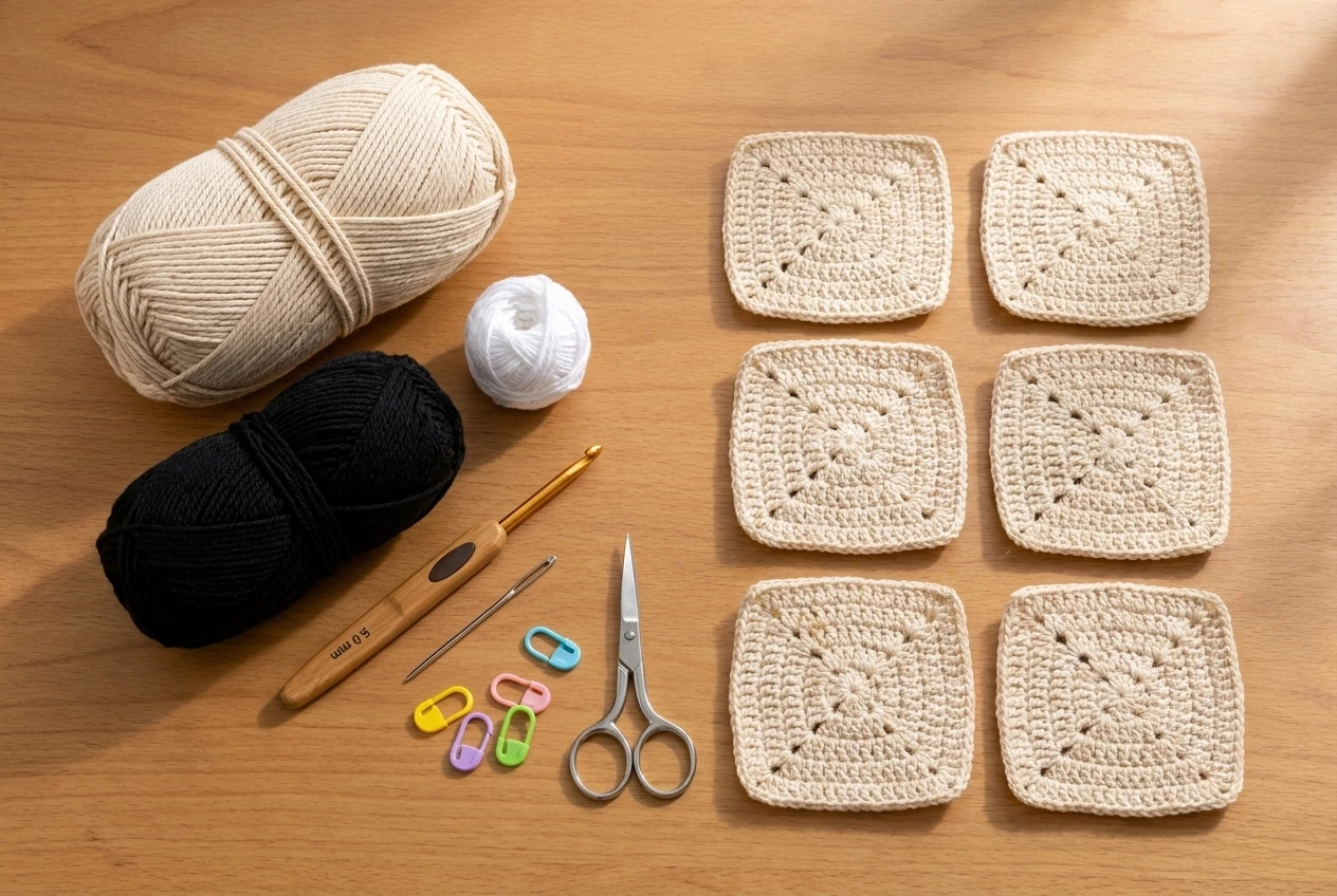 cream black and white yarn crochet hook scissors markers and six squares for a cat tote