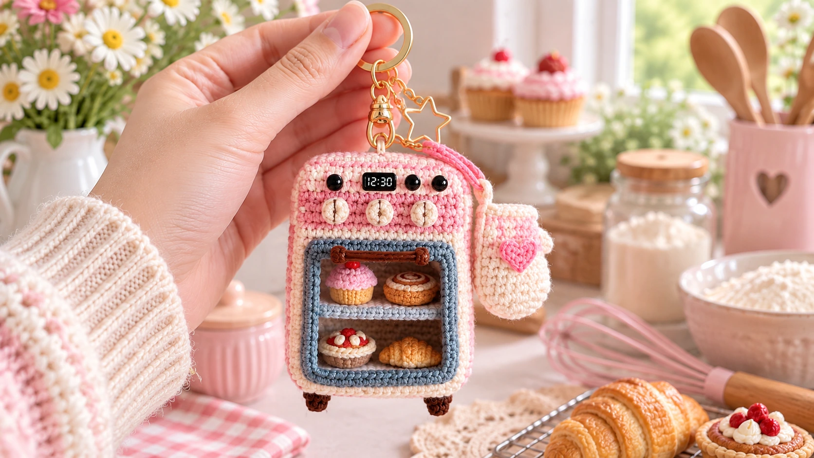 pink crochet oven keychain with pastries and gold hardware