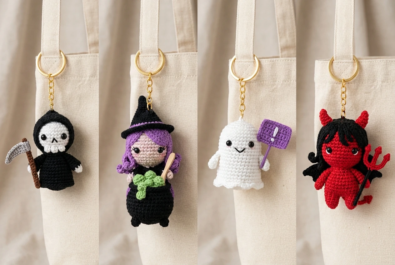 Halloween crochet keychain patterns group 2 with four unique designs