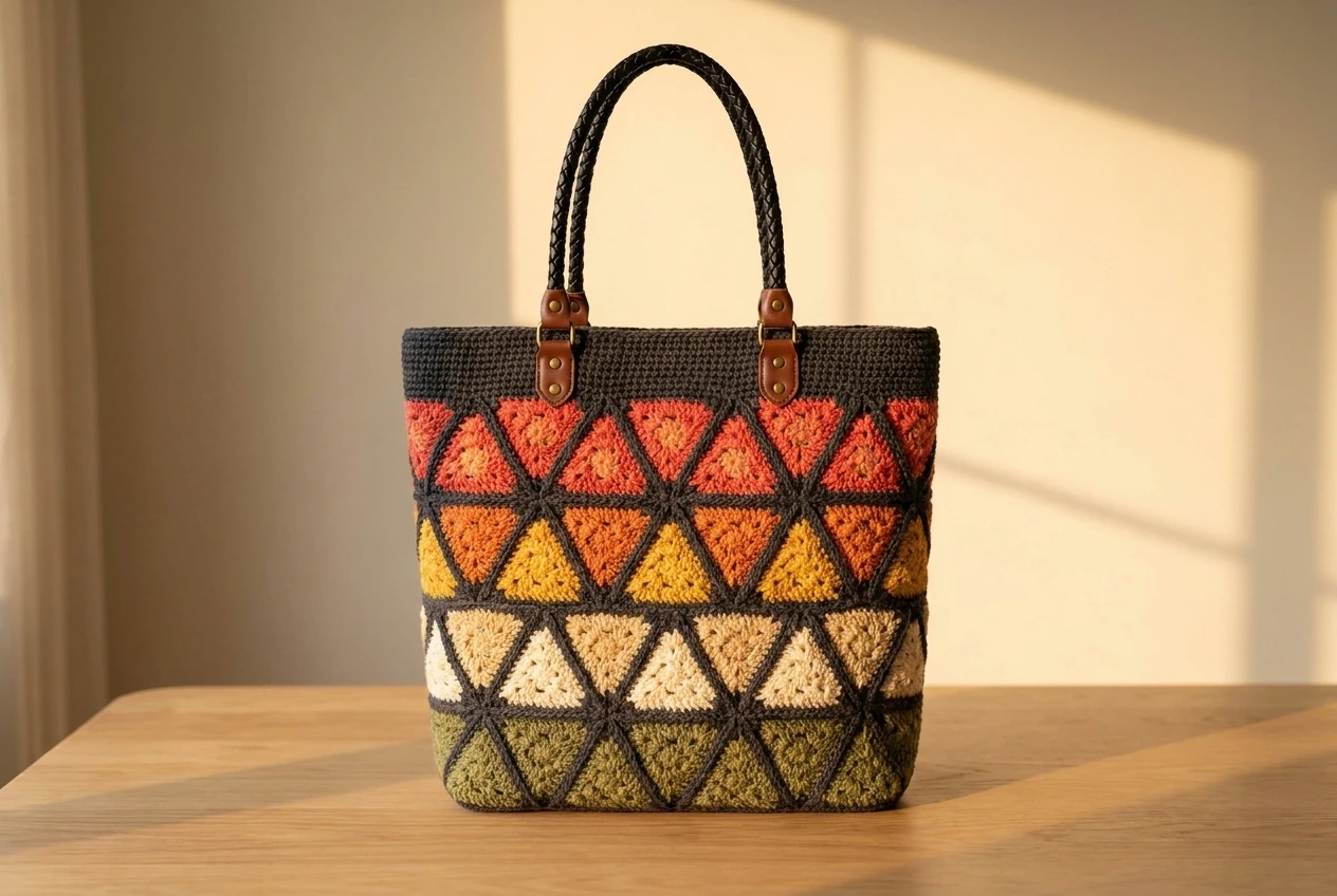 warm sunset crochet triangle tote bag ideas in coral orange yellow cream and olive