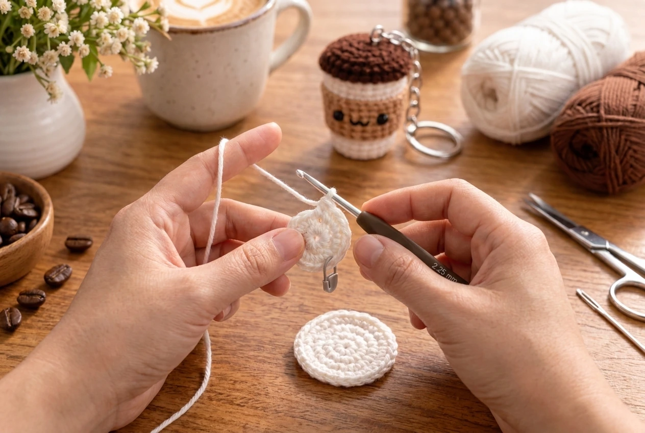 hands starting the white base for a crochet coffee cup keychain pattern