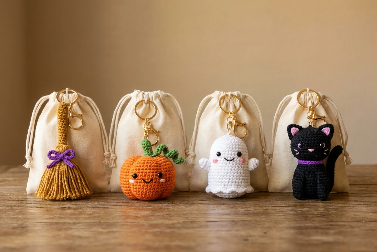 Halloween crochet keychain patterns group 3 with four unique designs