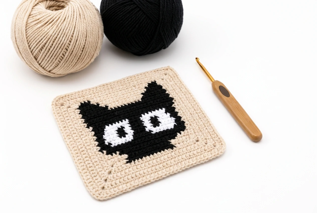 cream crochet square with black cat face and white mosaic eyes