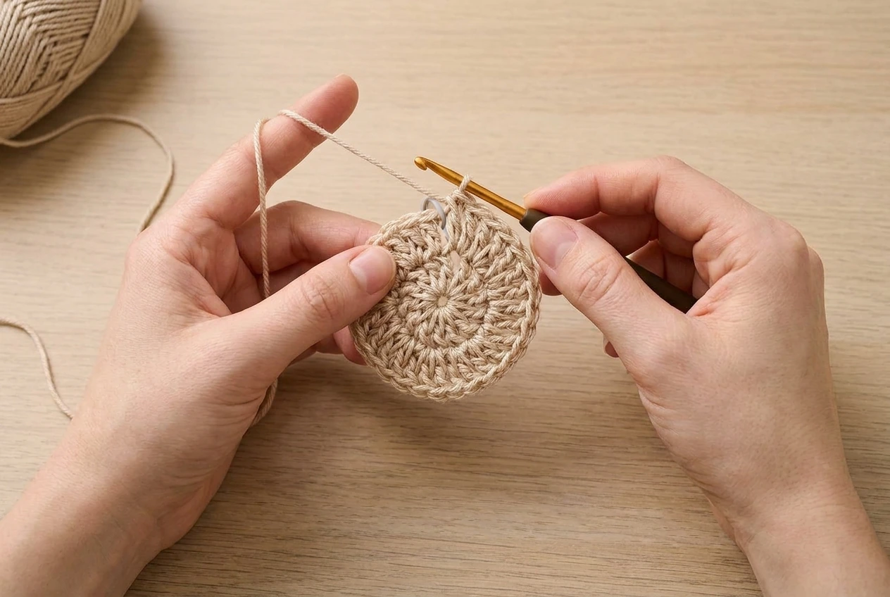 hands starting a beige lace crochet beret from the center