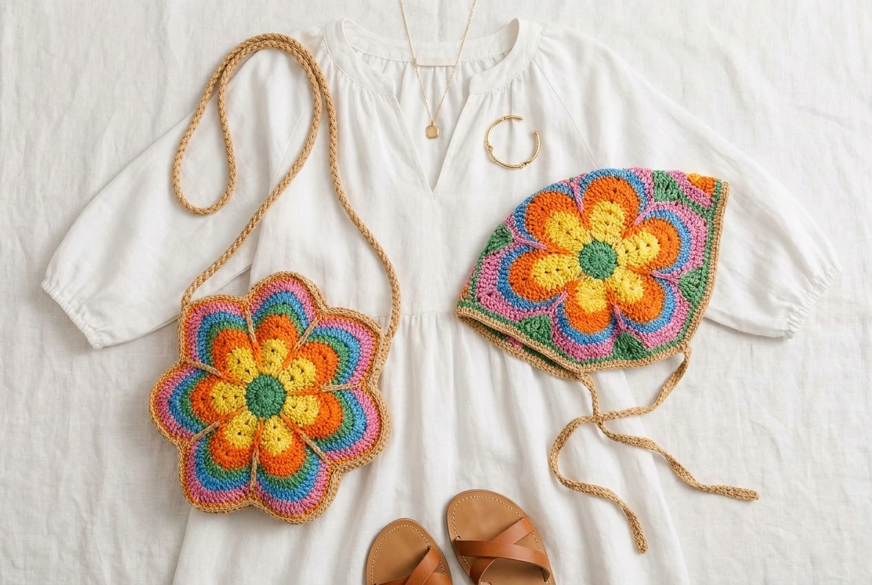 crochet flower bag and bandana outfit flat lay with white dress sandals and gold jewelry