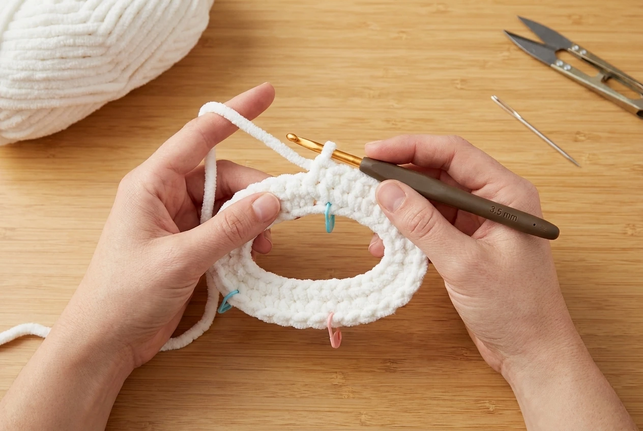 foundation chain and first oval round for white chenille crochet baby booties