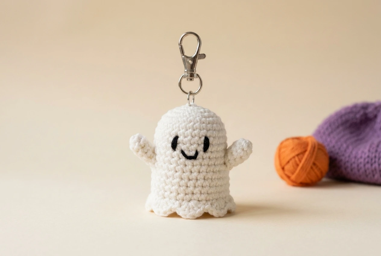 friendly ghost crochet Halloween amigurumi keychain with lobster clasp