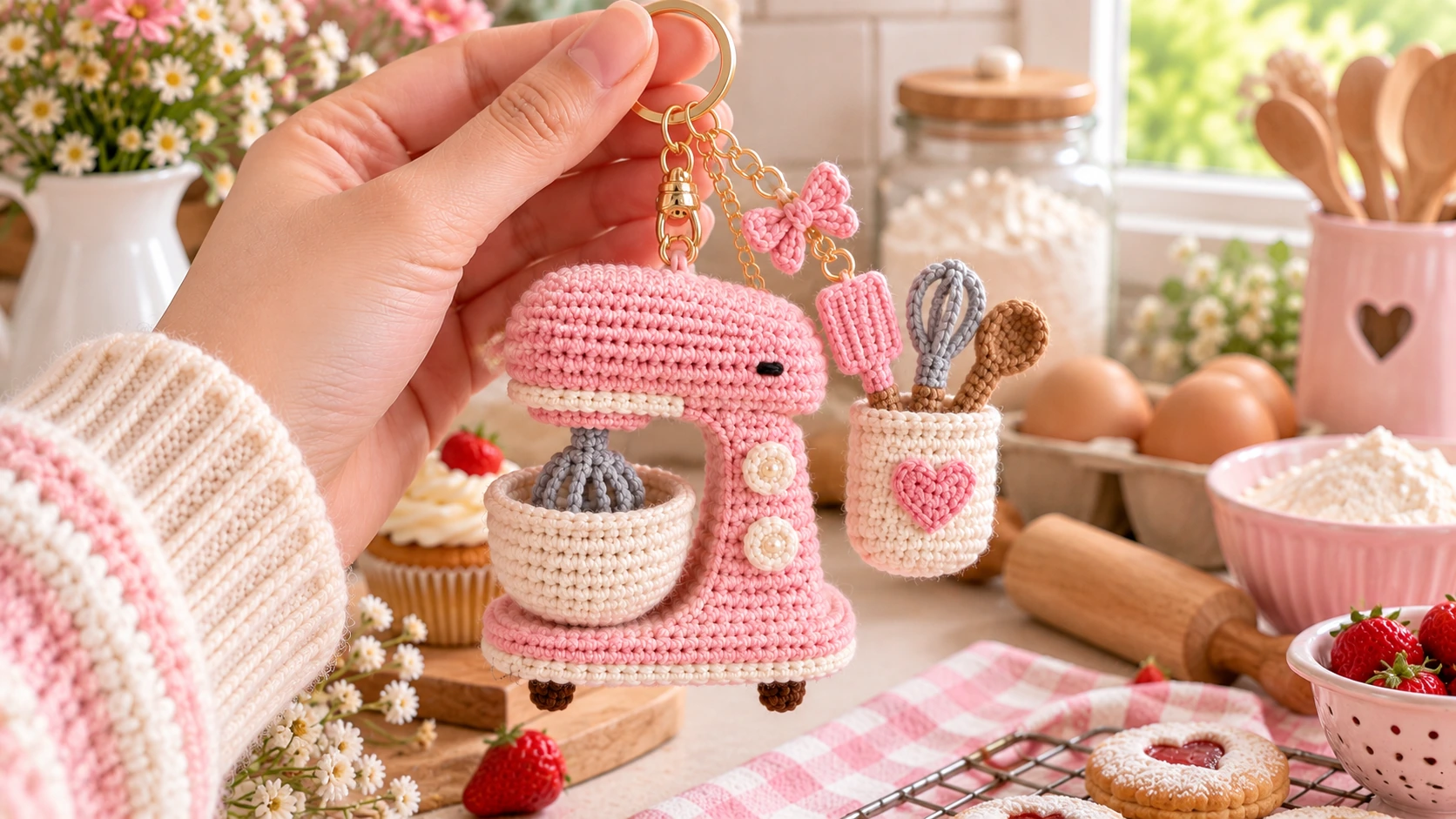 pink crochet stand mixer and utensil holder kitchen keychain