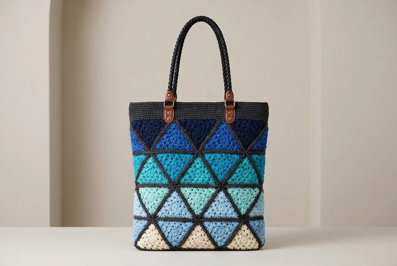 ocean blue crochet triangle tote bag ideas in navy cobalt turquoise aqua and cream
