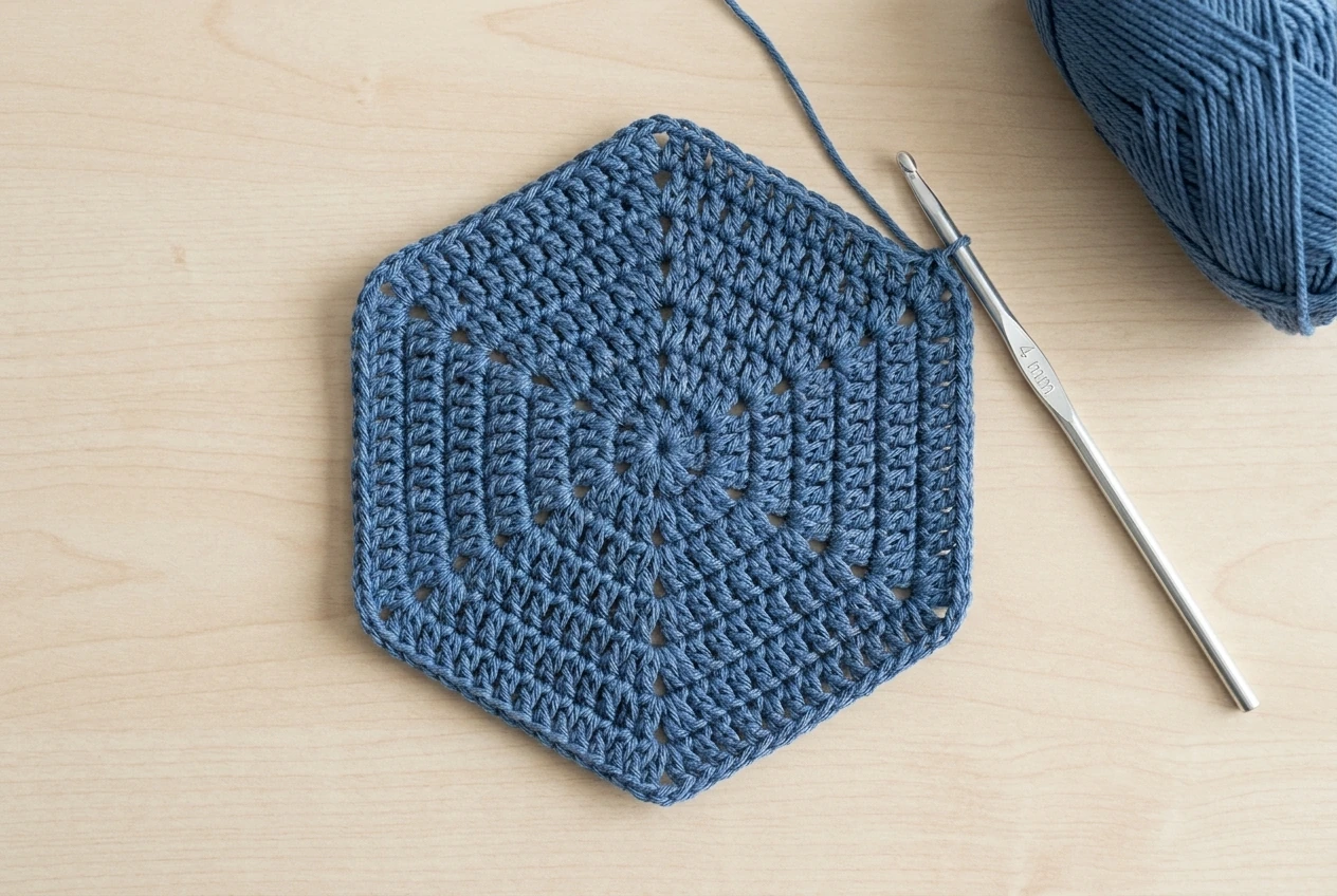 round two blue crochet hexagon motif