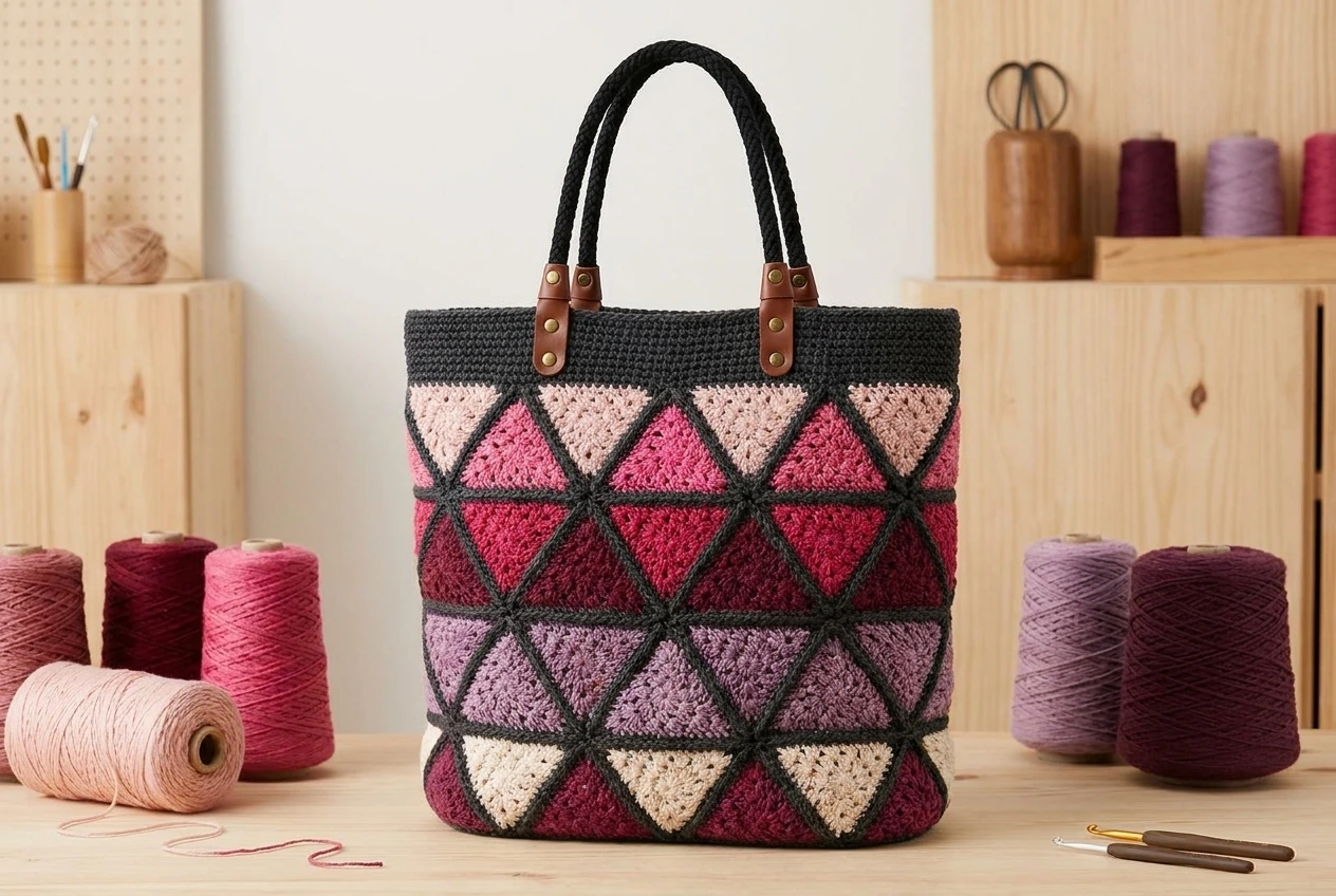 berry pink crochet triangle tote bag ideas in blush raspberry burgundy lavender and plum