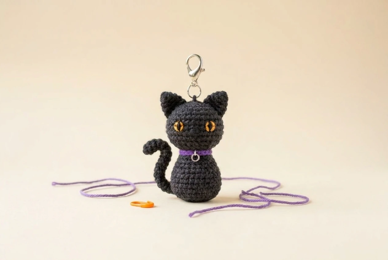 black cat crochet Halloween amigurumi keychain with lobster clasp