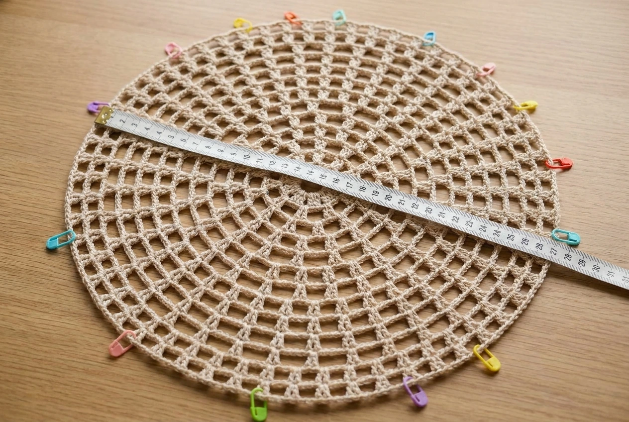 flat circular crown of an openwork crochet beret with measuring tape