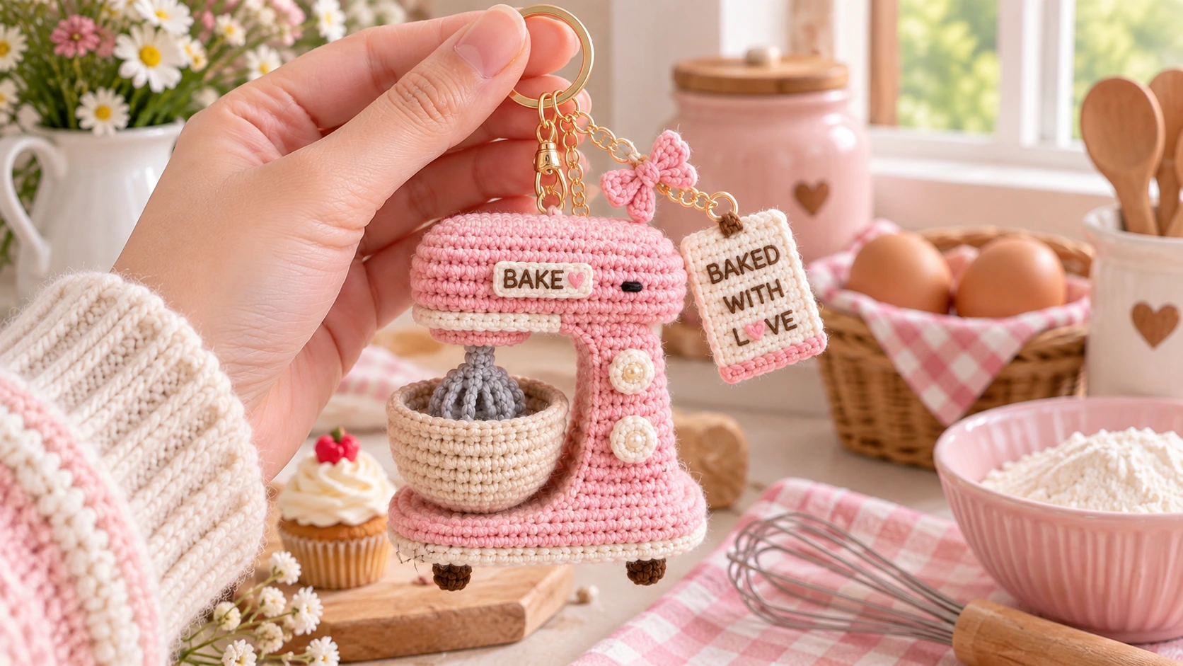 kitchen crochet keychain ideas pink stand mixer keychain with baking quote tag