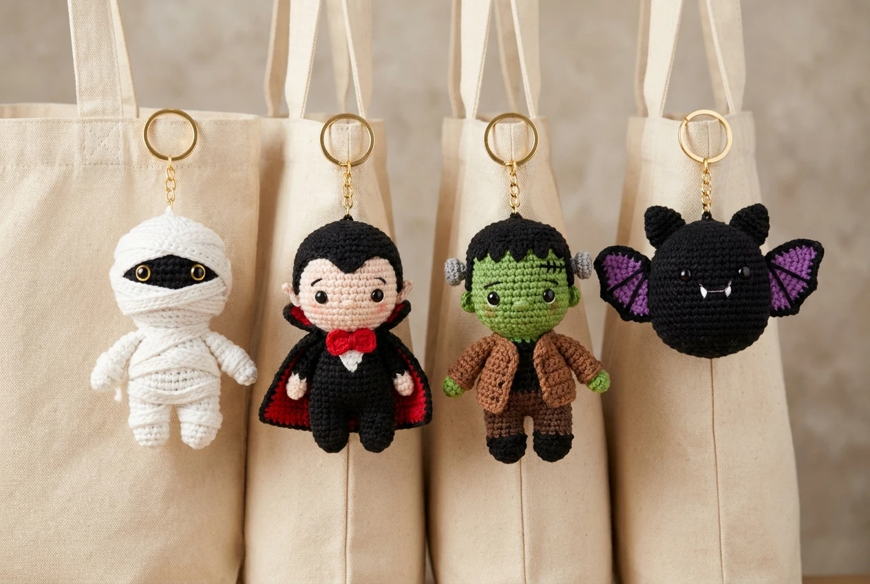 Halloween crochet keychain patterns group 4 with four unique designs