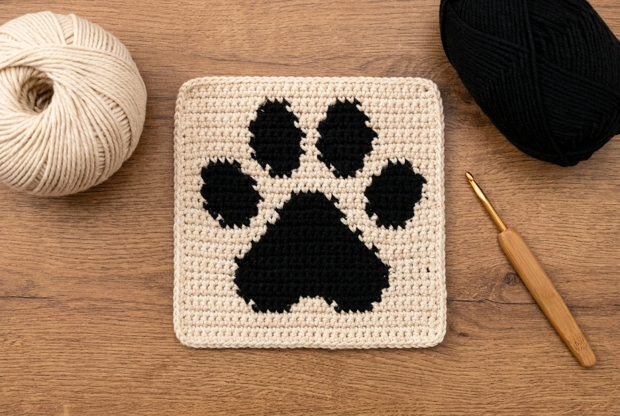 cream crochet square with one large black paw pad and four toe pads