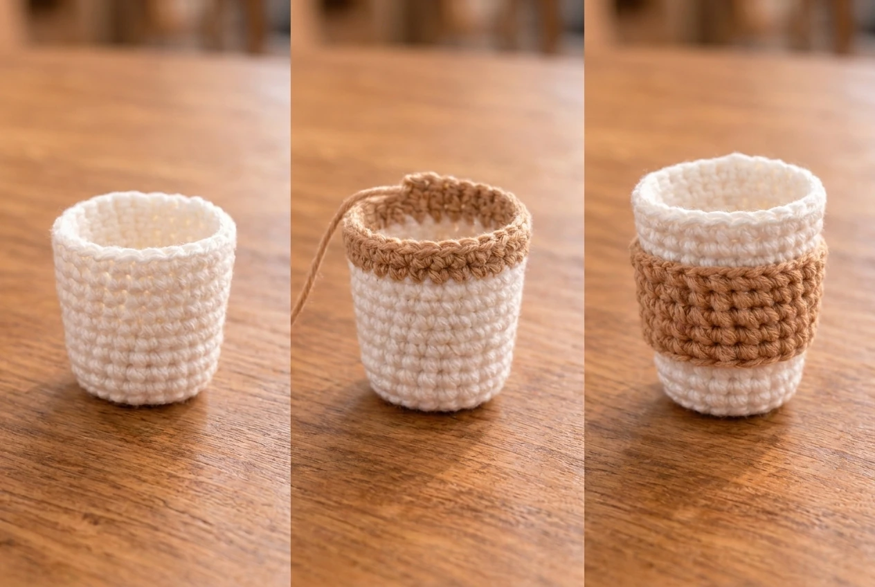 white cup base and tan back-loop sleeve stages for a crochet keychain