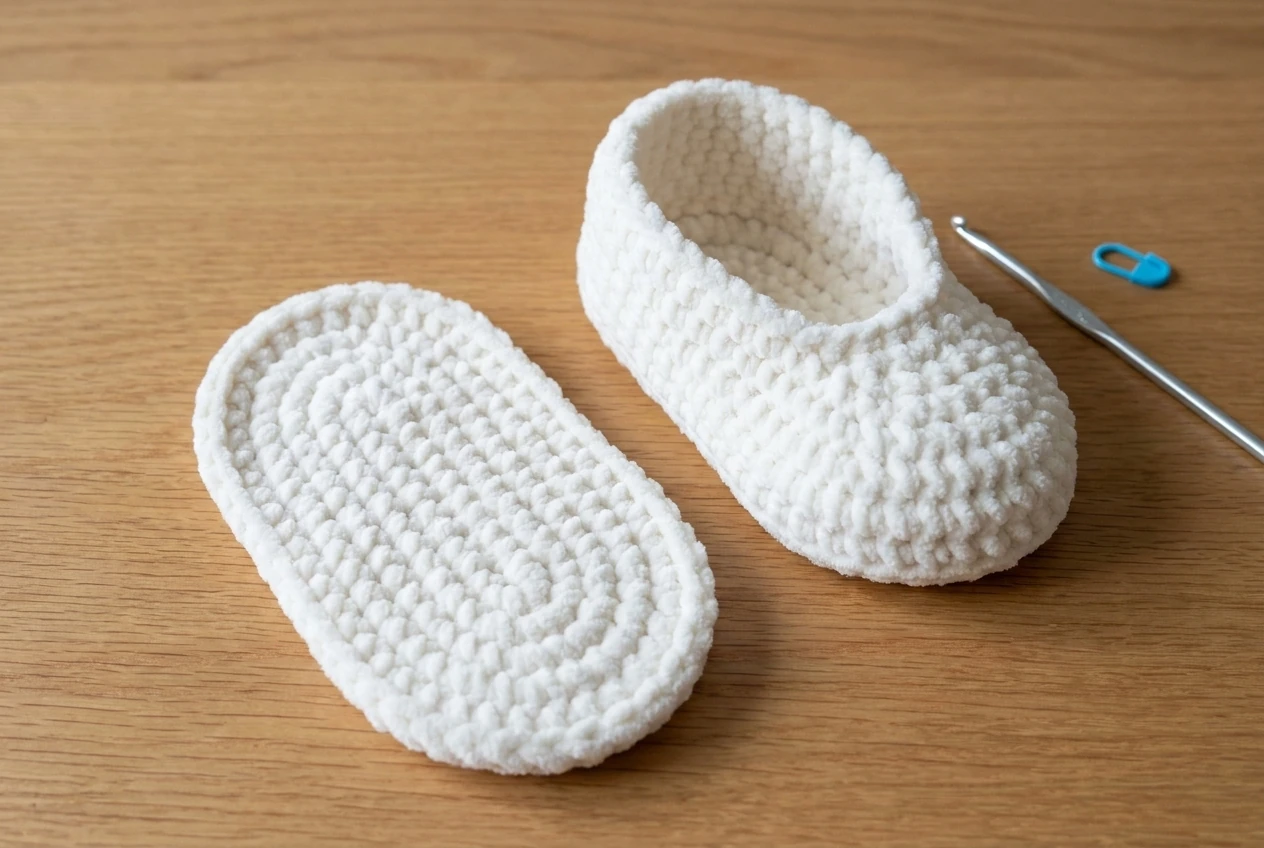 new white crochet baby bootie sole and raised shoe body stages