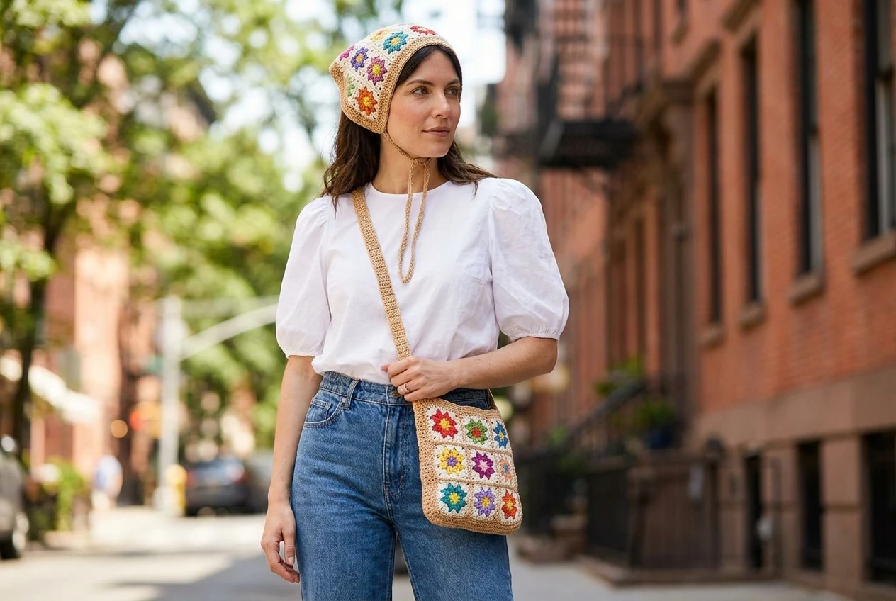 crochet flower bag and bandana styled with white puff sleeve blouse and jeans