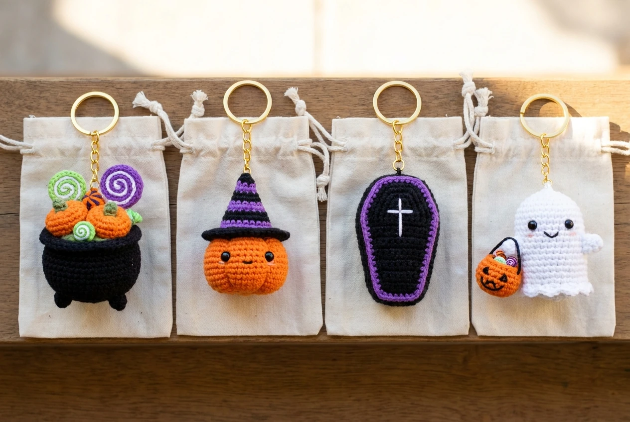 Halloween crochet keychain patterns group 5 with four unique designs