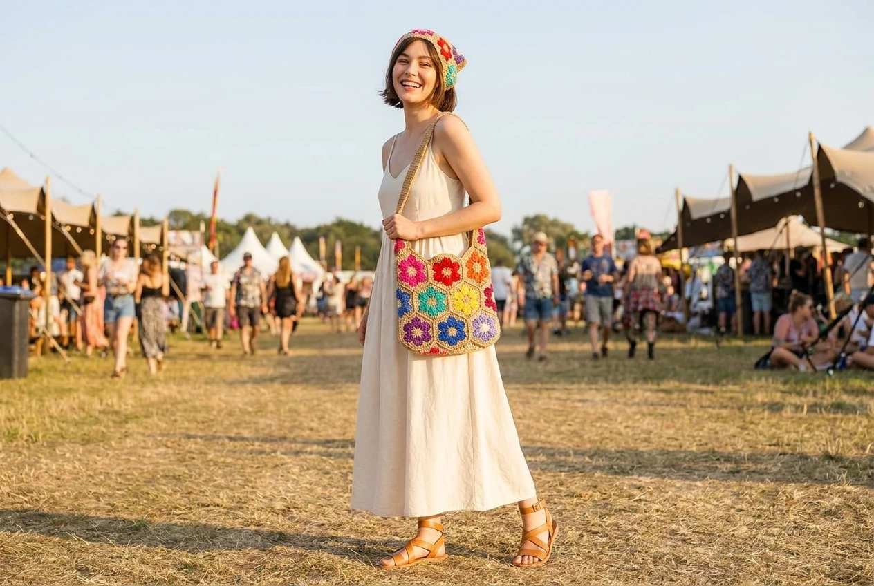 crochet flower bag and bandana with a cream maxi dress at a festival
