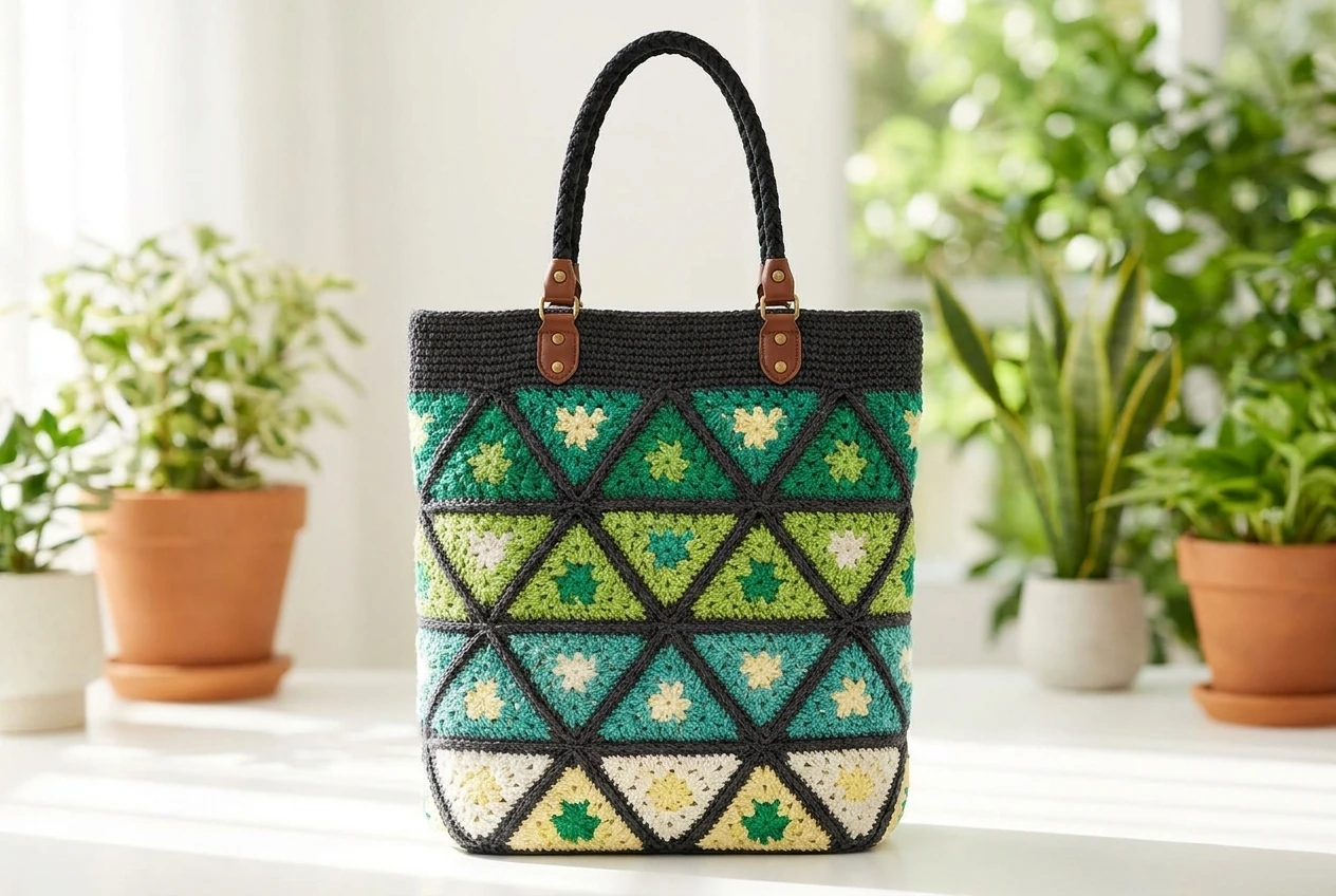 green garden crochet triangle tote bag ideas with emerald lime teal ivory and yellow