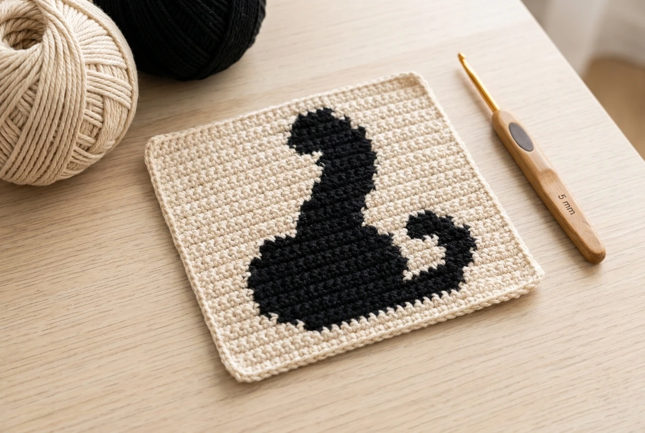 cream crochet square with curved black cat body and tail mosaic silhouette