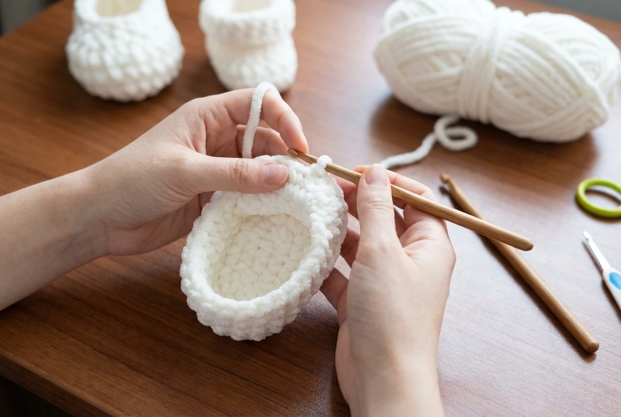 hands shaping the toe of a white chenille crochet baby bootie