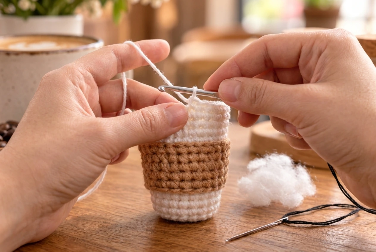 hands crocheting the white upper cup above a tan ribbed sleeve