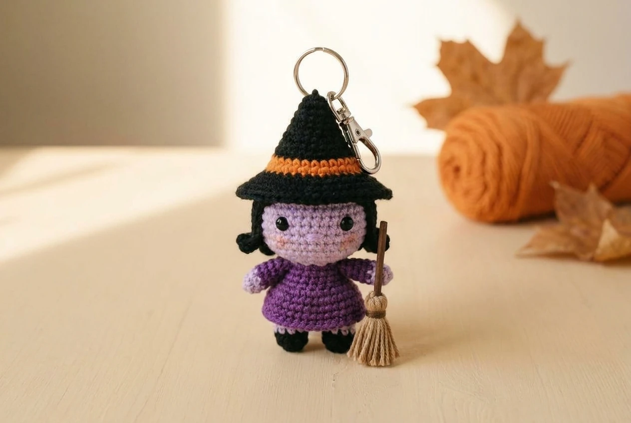little witch crochet Halloween amigurumi keychain with lobster clasp