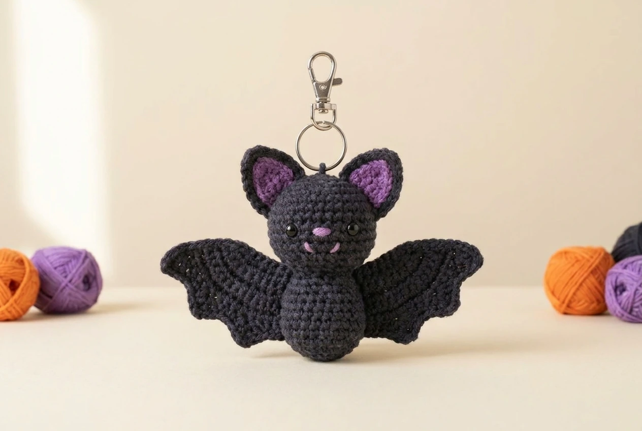 wide-wing bat crochet Halloween amigurumi keychain with lobster clasp