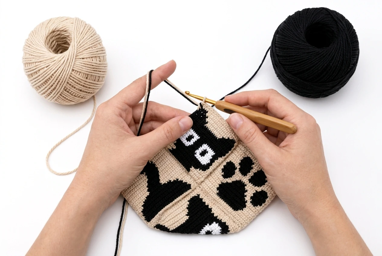 hands crocheting black and cream colorwork for a cat mosaic tote bag