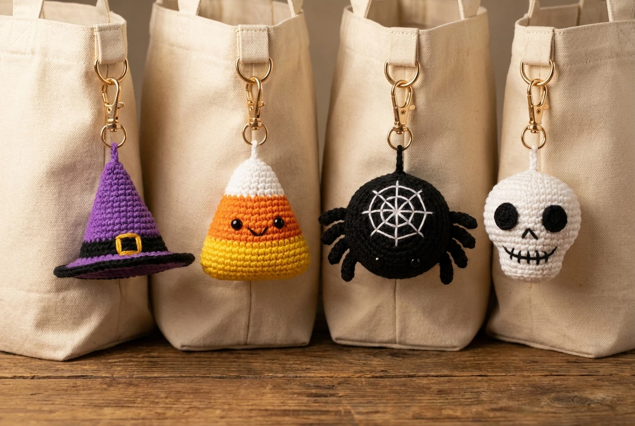 Halloween crochet keychain patterns group 6 with four unique designs