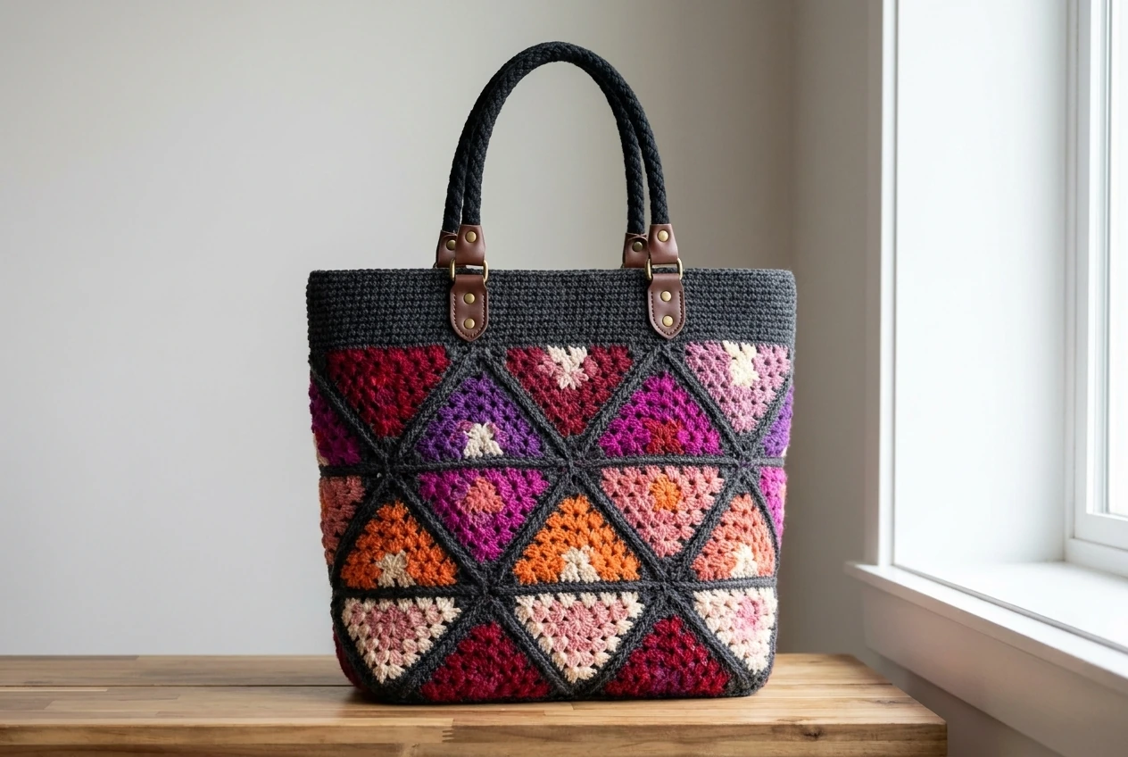 jewel tone crochet triangle tote bag ideas in ruby amethyst magenta orange and cream